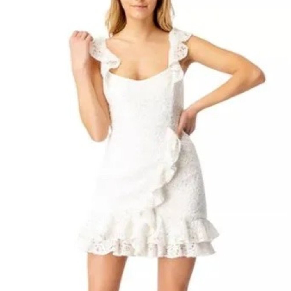 BARDOT White Lace Ruffled Hem Mini Dress Size S